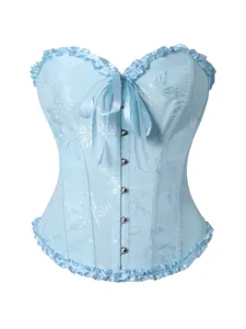 Helles blaues Jacquard Korsett Oberteil mit Frontverschluss und Rüschen für Damen Detail.