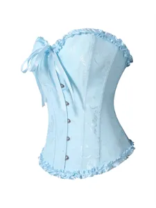 Hellblaues florales Brokat Korsett Bustier mit Schleife und Rüben, Damen Taillentrainer Oberteil.