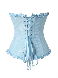 Helles blaue Korsett-Oberteil mit Blumen-Jacquard, Schnürung hinten und rüschen Rand.