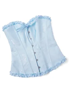 Hellblaues floral Jacquard-Korsett-Top mit Rüschenbesatz, Vorderverschluss und Schleife.