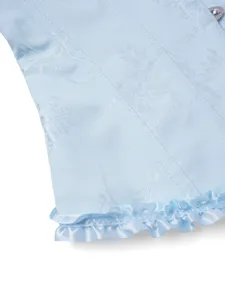 Hellblaue florale Brokat-Korsett-Details mit stabilen Fischbeinnähten und Rüschensaum.