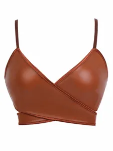 Women sexy faux leather bralette crop top v neck cross straps push up bustier streetwear.