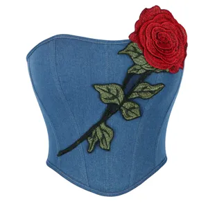 Top Corset Brodé de Roses en Denim Style Palais Vintage pour Femmes Sans Bretelles Bustier Slim Fit Sexy Fête Shapewear