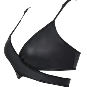 Black Faux Leather Crossover Bralette Women Sexy Wireless Bustier Shaping Camisole Top