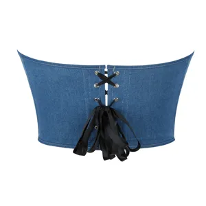Corset en jean bleu serre-taille haut sans bretelles avec fermeture à lacets noirs.