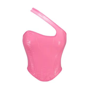 Women's Sexy One-Shoulder PU Leather Corset Top Backless Boned Waist Cincher Vest Party Clubwear