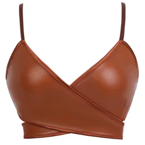 Sexy faux leather wrap bralette crop top, wireless push-up camisole for women daily wear.