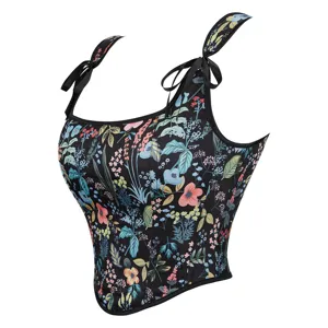 Black floral corset top for women with adjustable bow straps and structured boning for shaping.