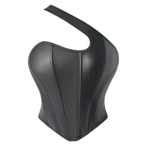 Black PU leather one shoulder corset top women sexy asymmetric boned bustier shapewear