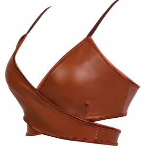 Brown faux leather wrap crop top, wireless push-up bralette for women, sexy streetwear.