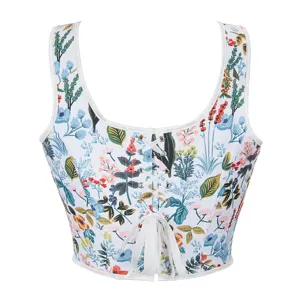 Women floral printed lace up corset top vintage botanical sleeveless crop vest summer chic