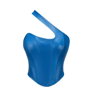 Stylish blue faux leather one-shoulder corset top for women, trendy asymmetric bustier.