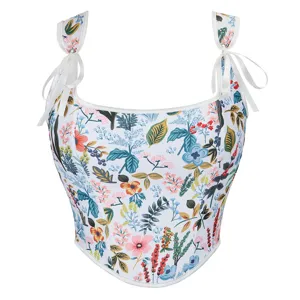 Women floral print corset top with white ribbon shoulder straps and boning details.