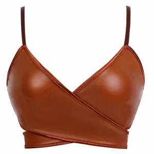 Sexy Brown Faux Leather V-Neck Bralette Cross Strap Women Camisole Crop Top Main View