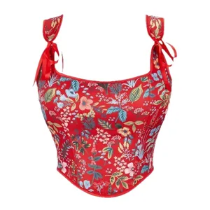 Red floral corset top for women, sweetheart neckline with cute bow shoulder straps and boning.