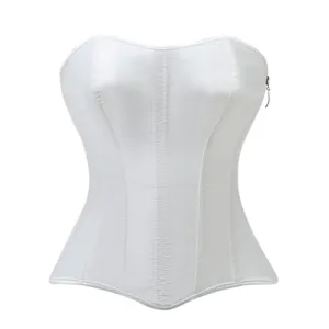 White satin corset top for women, strapless bustier shapewear with side zipper closure.
