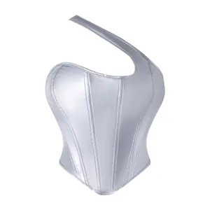 Womens metallic silver asymmetric one shoulder corset top sexy bustier party clubwear