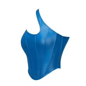 Blue one-shoulder faux leather corset top stylish bustier sexy sleeveless slim waistwear
