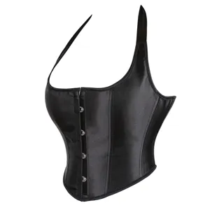 Black satin corset top with shoulder straps and front metal busks for women shapewear main view