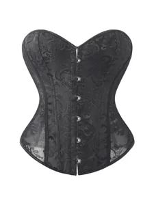 Black jacquard lace corset top detail showcasing intricate floral patterns and metal front busks.