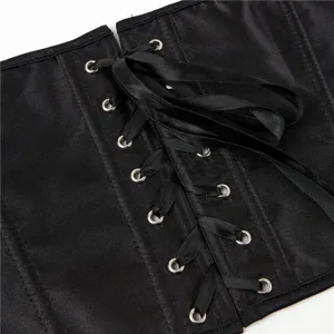 Black satin corset top with lace-up ribbon detail, stylish strapless bustier for women.