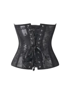 Black lace corset detail shot showcasing intricate floral patterns and back lacing structure