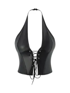 Stylish black faux leather halter corset top with front lace-up detail and metal eyelets.