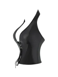 Side detail view of black faux leather corset top with front lace-up and bust support.