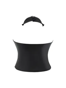 Black faux leather halter corset top detail, showing the front boned shaping design and strap.