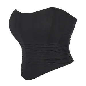 Black mesh strapless bustier top detail view, elastic shapewear and sexy corset garment.