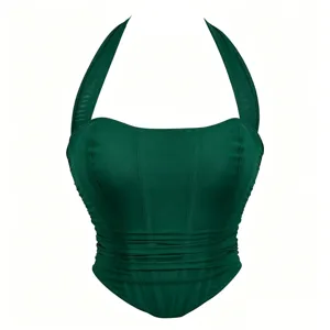 Dark green halter corset top for women, sexy mesh bustier shapewear for party club.