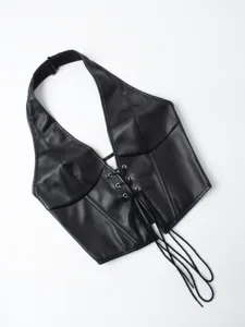 Black faux leather halter corset top with lace-up front detail for women stylish clubwear.