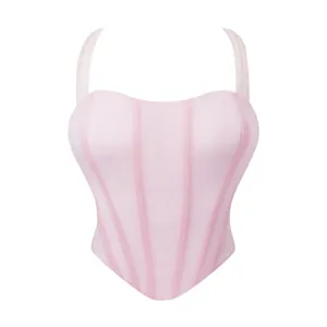 Pink mesh corset top for women, sweetheart neckline bustier with straps and boning design.