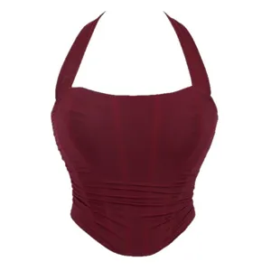 Burgundy mesh halter corset top for women, sexy plus size strapless bustier shaping outerwear.