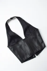 Black faux leather halter corset top, stylish v-neck crop top for women daily wear.