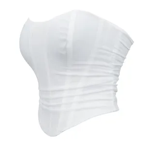 Close-up detail of white mesh strapless bustier top featuring boned structure and side ruched design.