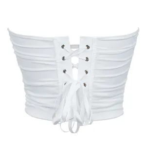 White strapless corset top detail showcasing ruched fabric and lace-up back design.