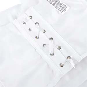 White mesh corset top detail, lace-up front with metal eyelets, breathable fabric design.