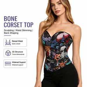 Top Corsé Gótico de Calavera de Halloween de Poliéster para Mujer Vintage Bustier Cordones Varillas Entrenador de Cintura