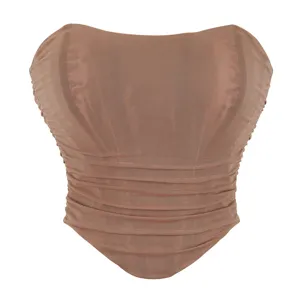Women ruched mesh strapless bustier corset top breathable nude fashion sexy crop top