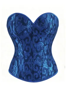Close-up detail of blue brocade damask pattern overbust corset with boning structure.