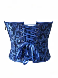 Blue brocade corset top with lace-up back and side zipper, vintage Victorian bustier for women