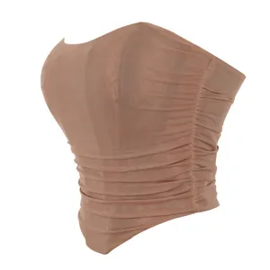 Beige mesh ruched strapless bustier top detail view, breathable elastic crop corset for women.