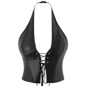 Women Sexy Halter PU Leather Corset Top Lace-Up Backless Bustier Crop Top Body Shaping Waist Cincher Vest Party Clubwear