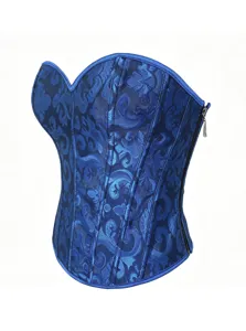 Blue damask corset top for women, vintage bustier with side zipper and bone support.
