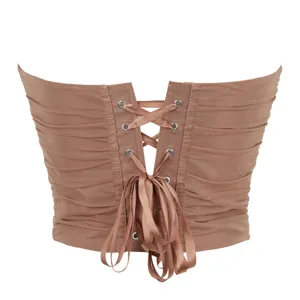 Brown strapless mesh corset top featuring back lace-up ribbon and ruched bustier design.