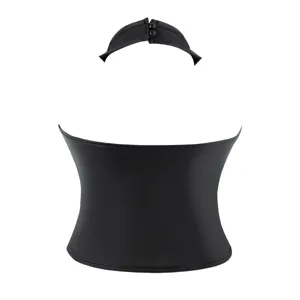 Black faux leather halter corset top for women, shaping waist cincher bustier for clubwear.