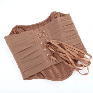 Brown mesh lace-up corset top cincher waist trainer for women apparel detail view.