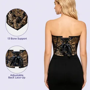 Women's strapless printed corset top, vintage black and gold brocade bustier shaping outerwear.