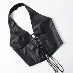 Black faux leather halter corset top with lace-up front detail, sleek shaping apparel.